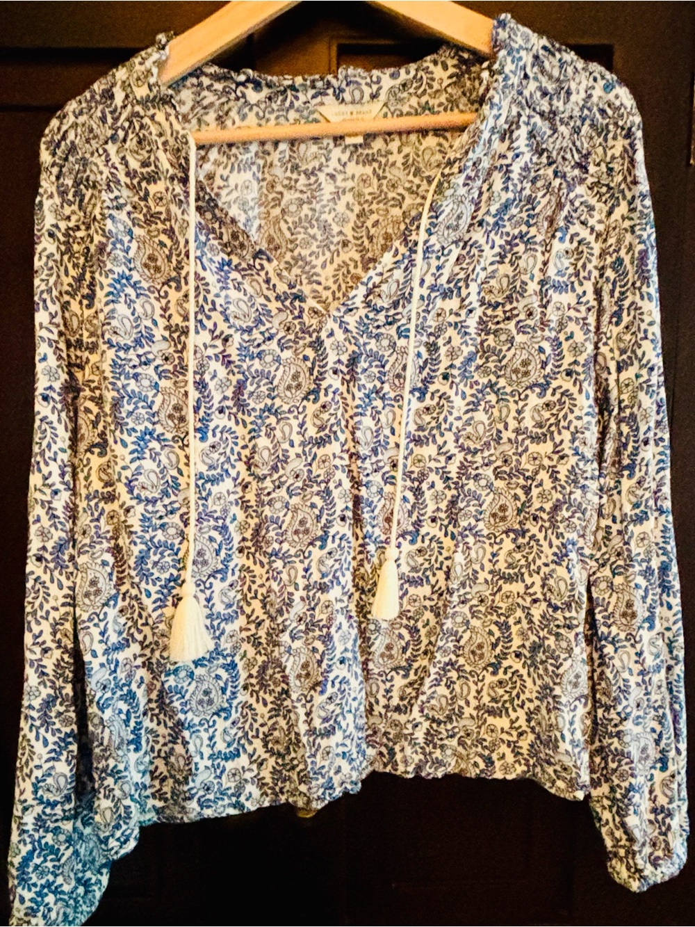 Lucky Brand Blue Paisley Boho Peasant Blouse Tassel Tie Top Size L ✨3 for $33✨